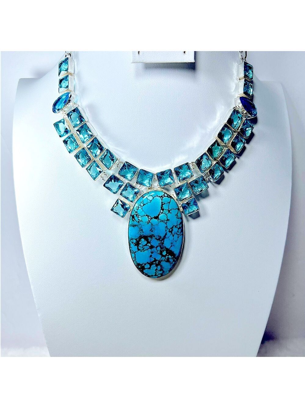 Amazing 925 Large Turquoise Blue Topaz Statement Necklace